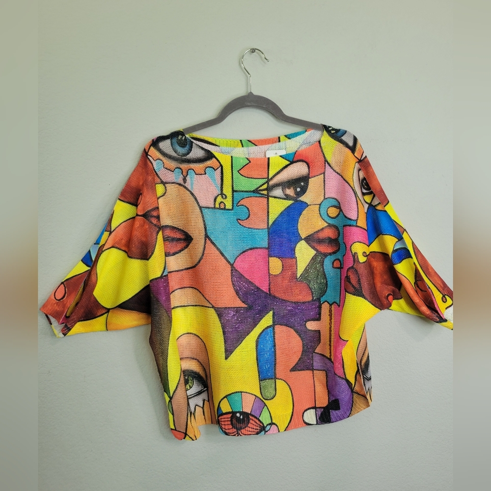Vibrant Yellow and Blue Boxy Graphic Blouse - Picture 6 of 8
